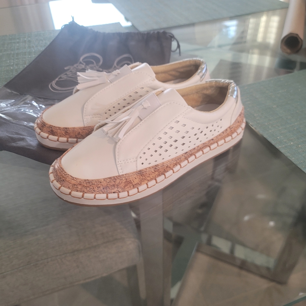 White and with Beige Cork Leatherette Casual Shoes